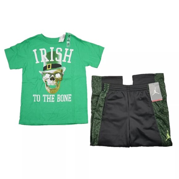 Nike Air Jordan Boys Size 6 Fleece Sweatpants & T-Shirt Outfit Irish Black/Green - Picture 1 of 7